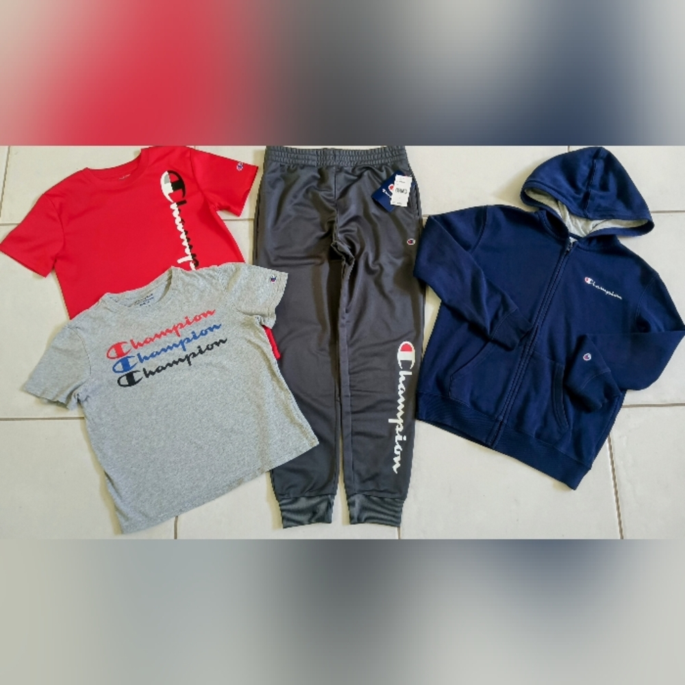 CHAMPION BOYS SIZE MEDIUM TOPS, HOODIE, & JOGGERS CLOTHING BUNDLE!